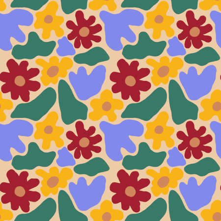 Illustration of modern exotic plants. Creative collage modern floral seamless pattern. Fashion template with flowers and leaves for textiles, printing, clothing, packaging, decor and wallpaper.の写真素材