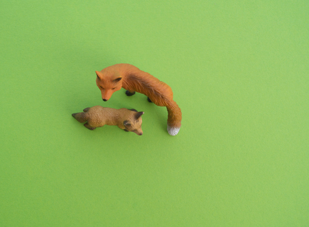 An fox animal is a children's toy. Plastic figurine for the game. Green background. Farm and the zoo.の写真素材
