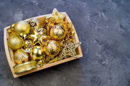 Flat Lay Christmas or Party Background with New Year gift wrapping boxs, Ribbons, Decorations in...
