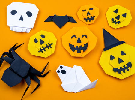Origami Halloween. Bat, ghost, pumpkin, paper. Copy spase. Creativity children kindergartenの写真素材