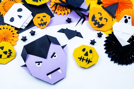 Origami Halloween. Bat, ghost, pumpkin, vampire paper. Copy spase. Creativity children kindergartenの写真素材
