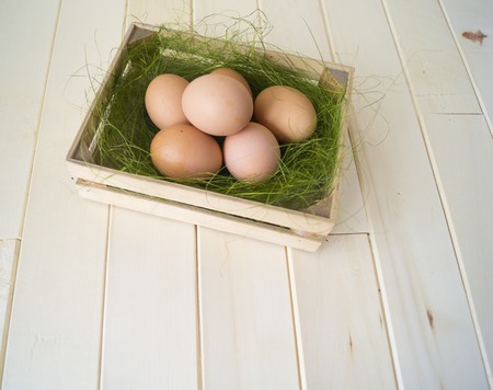 Spring. Easter. Easter egg in a container for egg. Brown egg in green grass. Curly egg. Wooden...