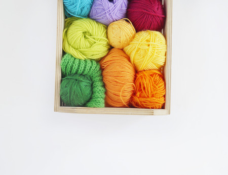 Colorful woolen balls of yarn are in the basket. Needlework. Knitting. Threads of red,orange,yellow,...