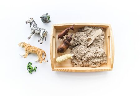 Montessori material. Children's hands play an animal figure. Kinetic sand in the sandbox. Sensory development.の写真素材
