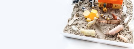 Montessori material. Children's hands play an animal figure. Kinetic sand in the sandbox. Sensory development.の写真素材