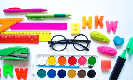Stationery flat lay. Back to school. White background. set school kid child.の写真素材