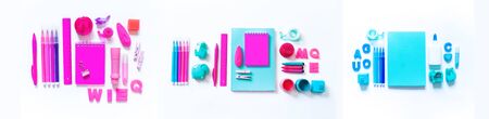 Stationery flat lay. Back to school. White background. set school kid child. Banner Copy space...