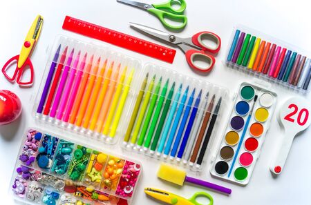 Stationery flat lay. Back to school. White background. set school kid child.
