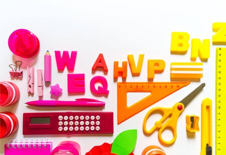 Stationery flat lay. Back to school. White background. set school kid child. Office of the bright colors of the rainbowの写真素材