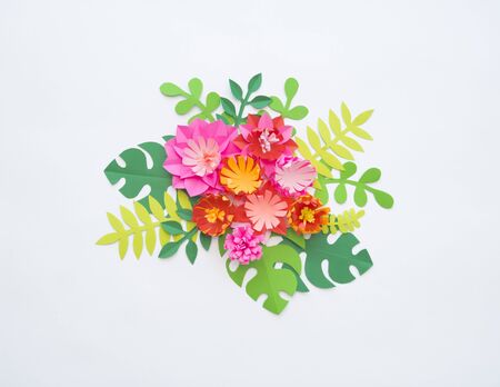 Flowers made of paper. White background. Easter composition. Holiday Gift Bannerの写真素材