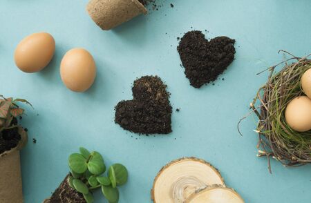 Easter top view. Details of the holiday. Blue background. Flower pot and eggsの写真素材