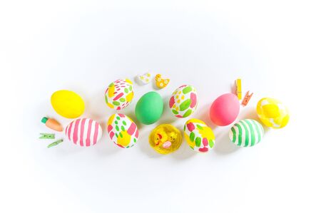 Painted Easter Eggs. Watercolor paint. Delicate spring color. White backgroundの写真素材