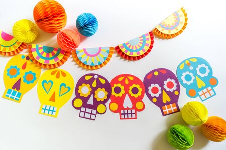 Holiday Cinco de mayo Mexican Decoration for the festival. Garland skull painted with patterns.の写真素材