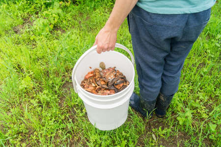Man holds a compost bucket. Zero waste. Ecological lifestyle. Environmental pollution. Fertilizer...