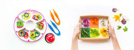 Montessori material flat lay. Banner Children hand. Home remote schooling Wooden tray on a white background.の写真素材