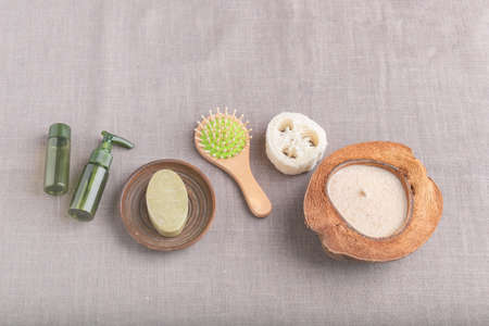 Eco spa gray background. Natural material nature protection. Friend of ecology.の写真素材