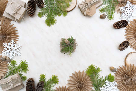 Zero waste Christmas concept. Hand crafted gifts with natural Christmas decorations without plastic. Flat lay, top viewの写真素材
