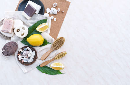 Set of Soap Eco Bag, bamboo toothbrush, natural Eco cosmetics products and tools. Zero waste, Plastic free. Sustainable lifestyle concept.の写真素材