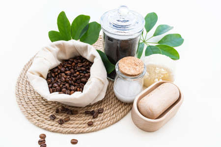 Zero waste, eco friendly Natural cosmetic product for cleaning and care. Ingredients DIY Flat lay Life without plastic.の写真素材