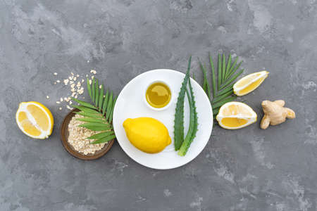 Set of Eco cosmetics products and tools. Zero waste, Plastic free. Sustainable lifestyle concept. Gray stone background Flat lay Copy spaceの写真素材