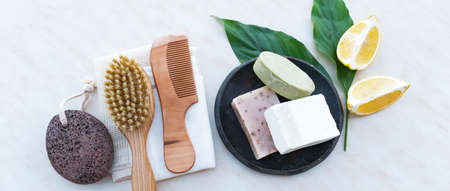 Set of Soap Eco Bag, bamboo toothbrush, Geometry natural Eco cosmetics products and tools. Zero...