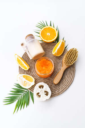 Zero waste, eco friendly Natural cosmetic product for cleaning and care. Ingredients DIY Flat lay Life without plastic. Verticalの写真素材