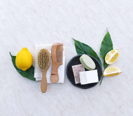 Set of Soap Eco Bag, bamboo toothbrush, natural Eco cosmetics products and tools. Zero waste,...