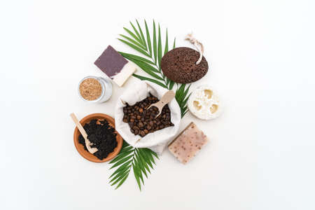 Zero waste, eco friendly Natural cosmetic product for cleaning and care. Ingredients DIY Flat lay Life without plastic.の写真素材