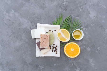 Set of Eco cosmetics products and tools. Zero waste, Plastic free. Sustainable lifestyle concept. Gray stone background Flat lay Copy spaceの写真素材