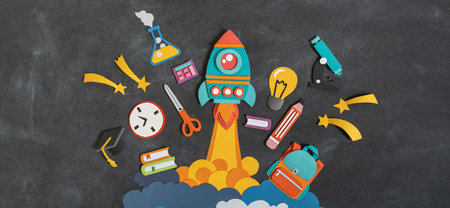 Rocket takes off paper craft. Back to school. Copy space. Black background school board. Education...