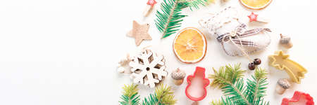 Eco Christmas concept. Zero waste holiday. Decor form Christmas tree. Copy space banner