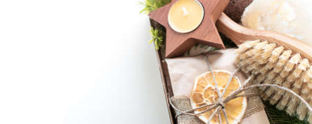 Christmas present in box. Eco friendly set. Zero Waste Ney Year Space for your greetings. Banner Copy spaceの写真素材