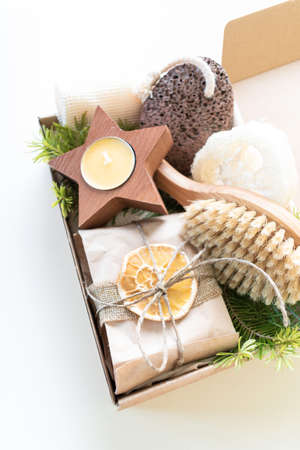 Christmas present in box. Eco friendly set. Zero Waste Ney Year Space for your greetings. Copy space...