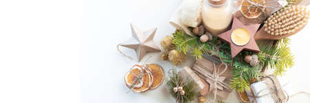 Christmas present in box. Eco friendly set. Zero Waste Ney Year Space for your greetings. Banner Copy spaceの写真素材