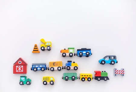 Wooden toys for children. Toy shop. Flat lay. Copy space. Montessori material.の写真素材