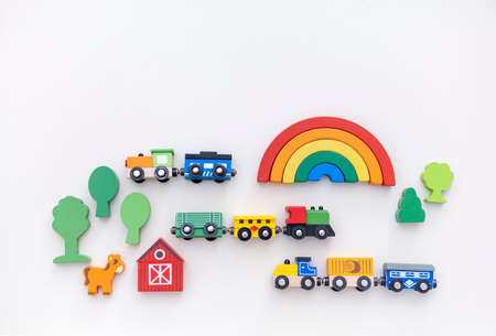 Wooden toys for children. Toy shop. Flat lay. Copy space. Montessori material.の写真素材