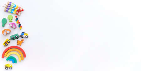 Wooden toys for children. Toy shop. Flat lay. Copy space. Montessori material.の写真素材