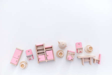 Wooden toys for children. Toy shop. Flat lay. Copy space. Montessori material.の写真素材