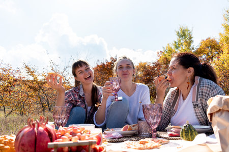 Three friends had a picnic in the fresh air. 3 young women eat food beautifully. Girl friend...