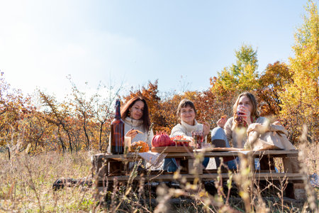 Three friends had a picnic in the autumn field. 3 young women beautifully eat and drink wine. Girl friend concept. autumn forest.の写真素材