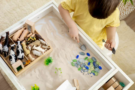 Montessori material. Little boy explores the farm animals in the game. sensory box. Homeschooling....