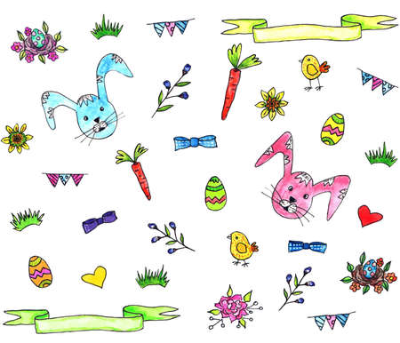 Set of Easter and spring design elements. Easter bunny, eggs and flowers.の写真素材
