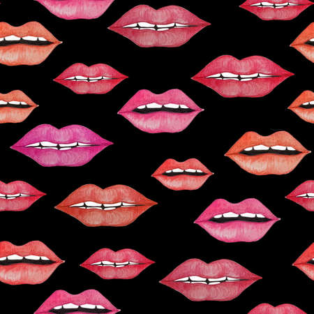 Seamless watercolor pattern with red and pink lips on white backgroundの写真素材
