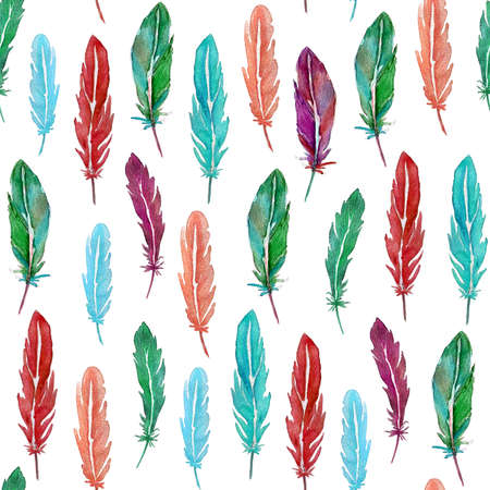 Seamless pattern of bright feathers painted in watercolor on a white backgroundの写真素材