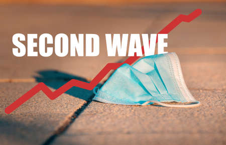 Coronavirus second wave. COVID-19 pandemic. Medical disposable face mask and second wave message. High quality photoの写真素材