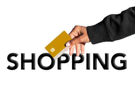 Shopaholic ready for shopping. Addicted to shopping or oniomania. Hand with credit card isolated on white background.の写真素材