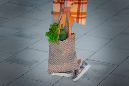 Woman with eco reusable textile grocery bag with vegetables. Healthy plant based diet shopping. Zero...
