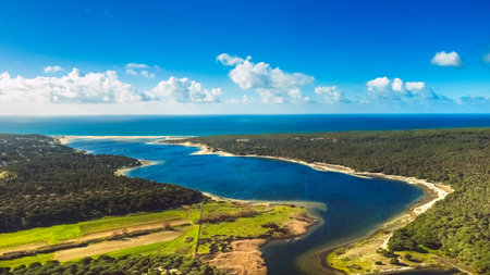 Beautiful aerial view of lagoon of Albufeira. Interpretive Area Little Lagoon, Sesimbra, Portugal. Natural reserve and tourist attraction for birdwatching.の写真素材