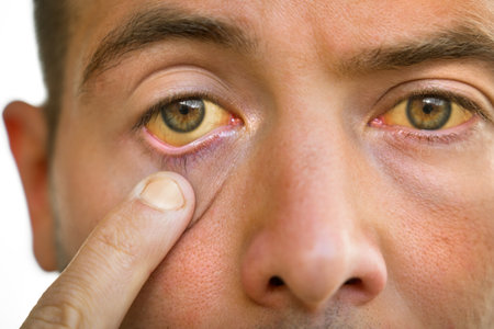 Young man with yellowish eyes and skin, liver disease. Symptoms of high bilirubin. Jaundice, hepatosis, hepatitis, cirrhosis, liver failure. Alcohol and nicotine harmful effectsの写真素材