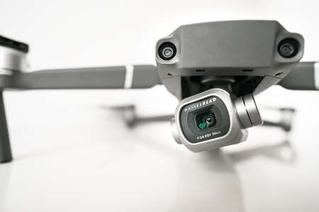 Close up of new dark grey DJI MAVIC PRO 2 drone isolated on gray background, 23.01.2021, Lisbon, Portugalのeditorial素材